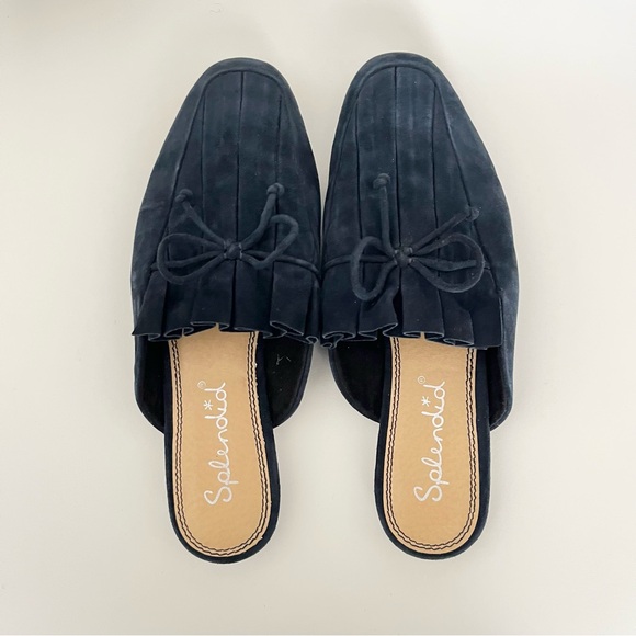 Splendid Shoes - Splendid Women's Suede Mules Flats 7.5 Navy Blue Pleated Bow Smoking Slippers